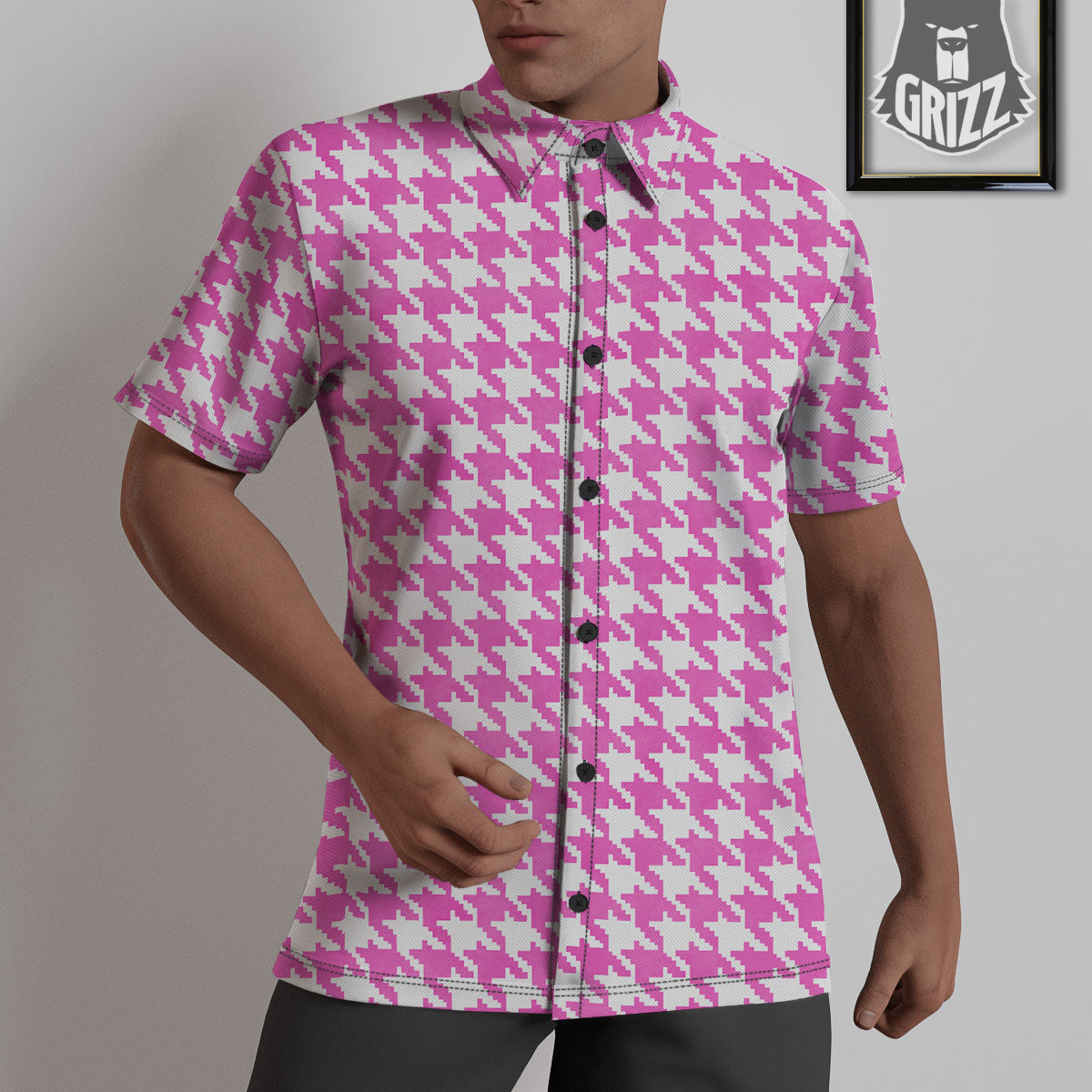 White Houndstooth And Pink Print Untucked Shirts-grizzshop