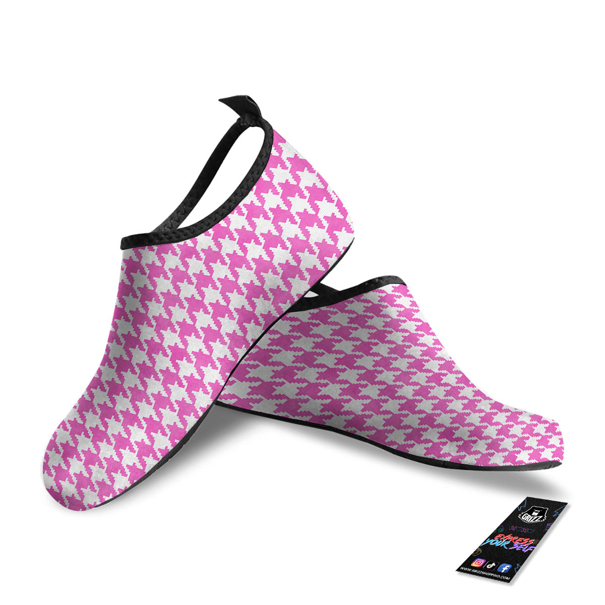 White Houndstooth And Pink Print Water Shoes-grizzshop