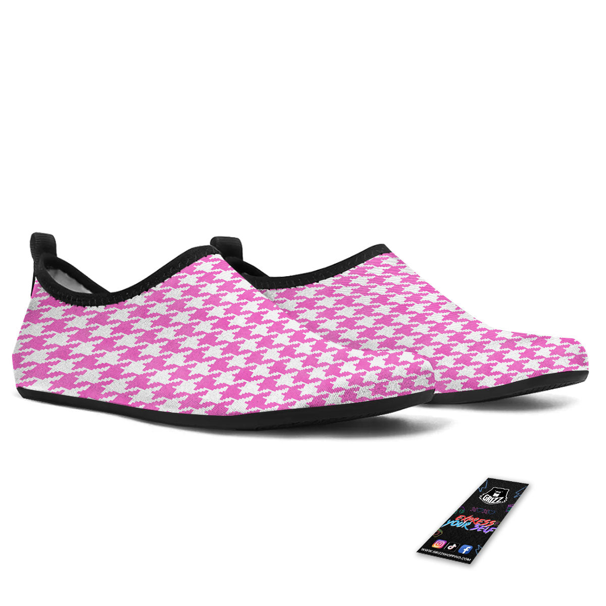 White Houndstooth And Pink Print Water Shoes-grizzshop