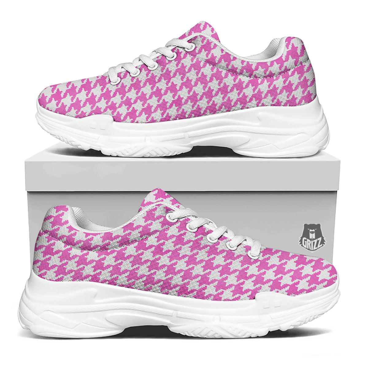 White Houndstooth And Pink Print White Chunky Shoes-grizzshop