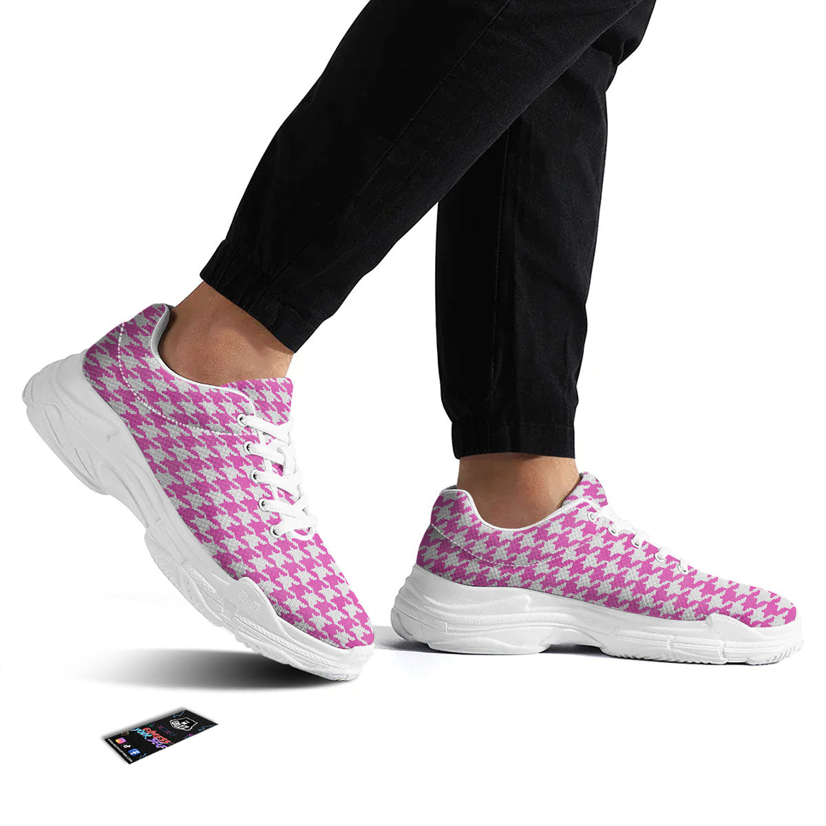 White Houndstooth And Pink Print White Chunky Shoes-grizzshop
