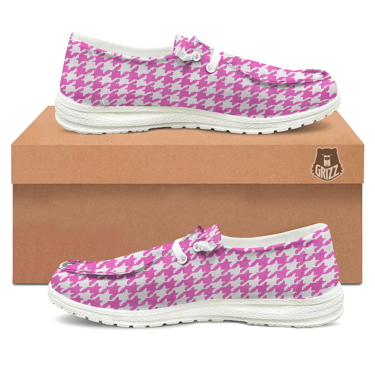 White Houndstooth And Pink Print White Loafers-grizzshop