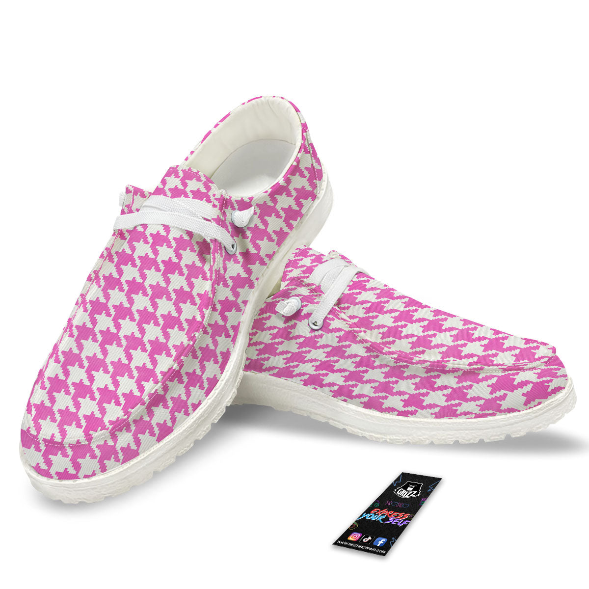 White Houndstooth And Pink Print White Loafers-grizzshop