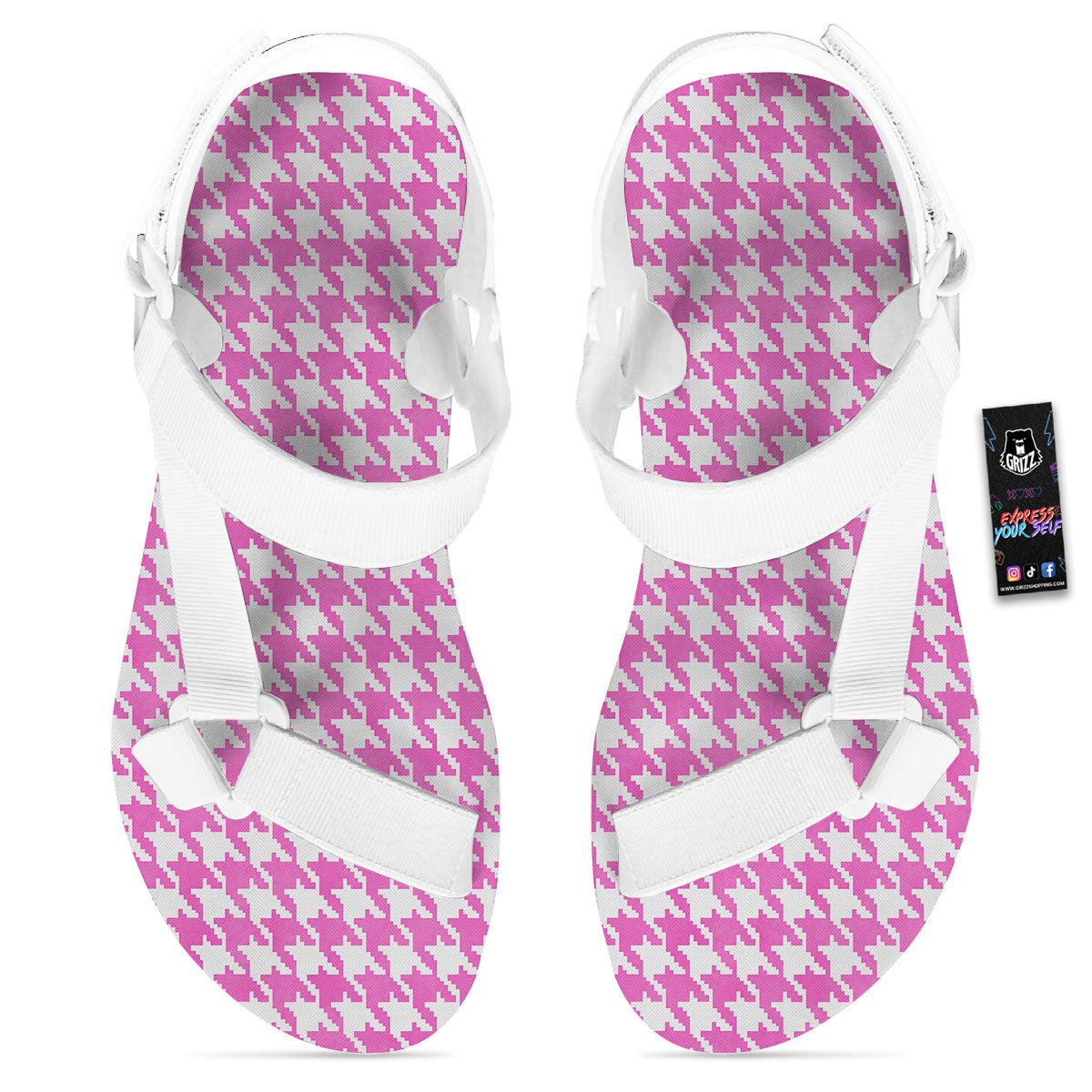 White Houndstooth And Pink Print White Open Toe Sandals-grizzshop