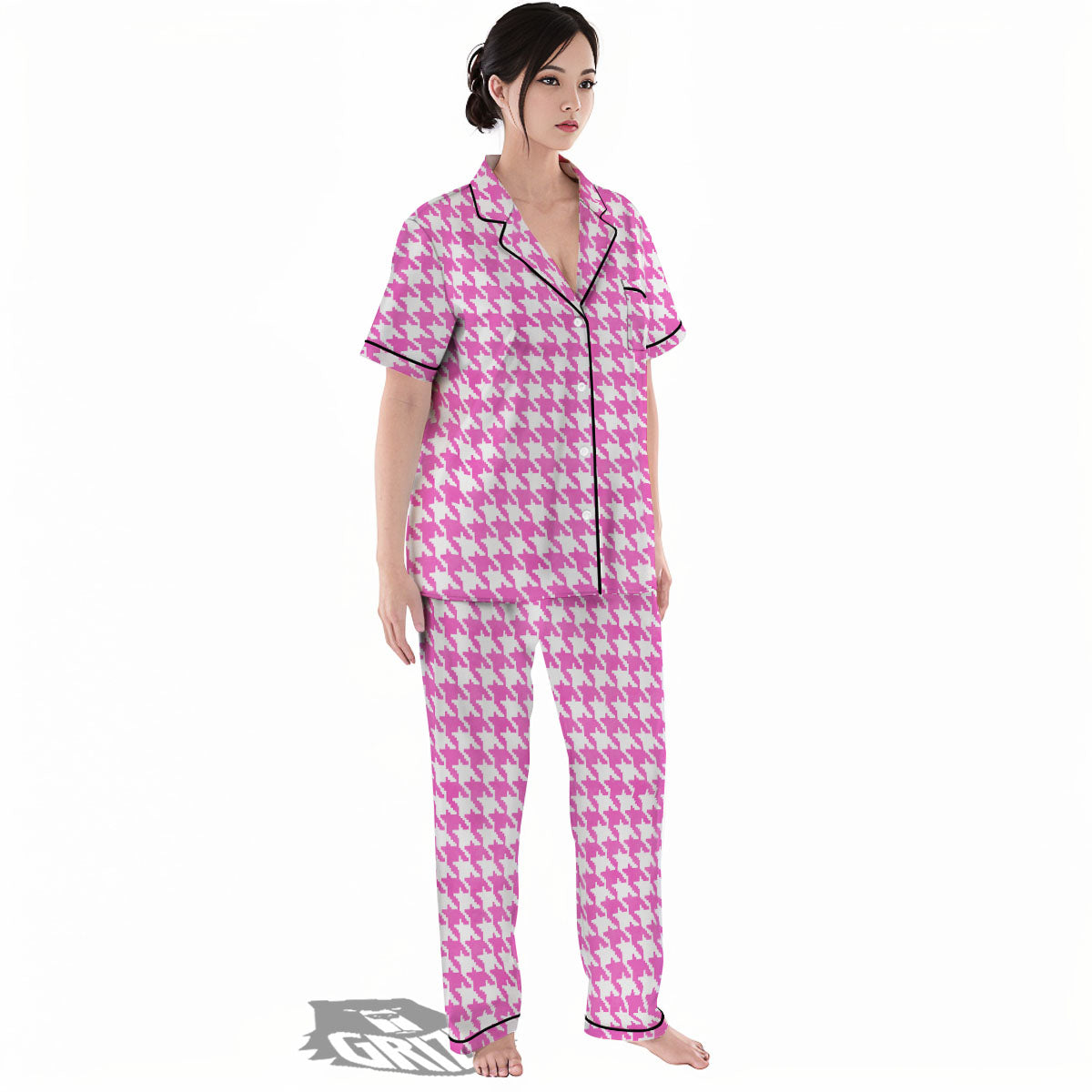 White Houndstooth And Pink Print Women's Pajamas Set-grizzshop