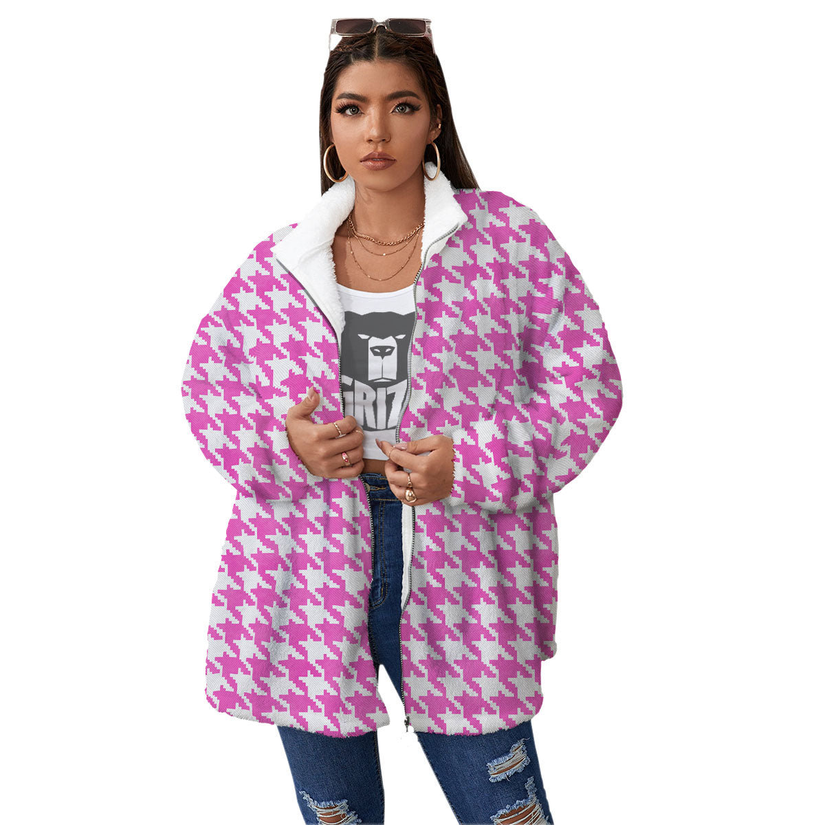 White Houndstooth And Pink Print Women's Sherpa Jacket-grizzshop