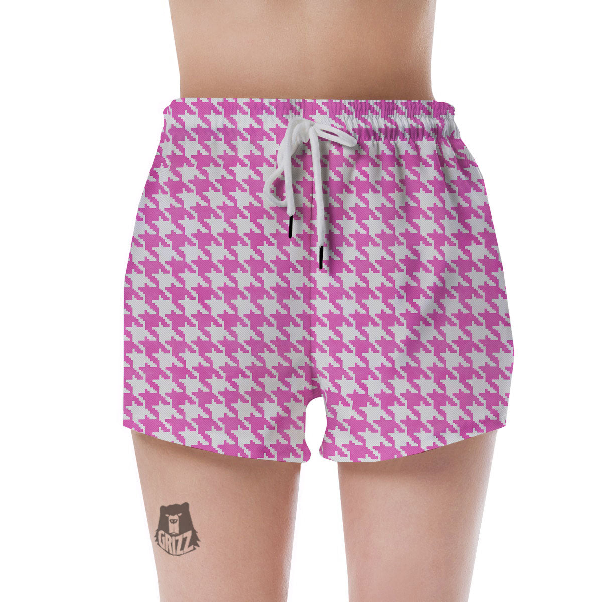 White Houndstooth And Pink Print Women's Shorts-grizzshop