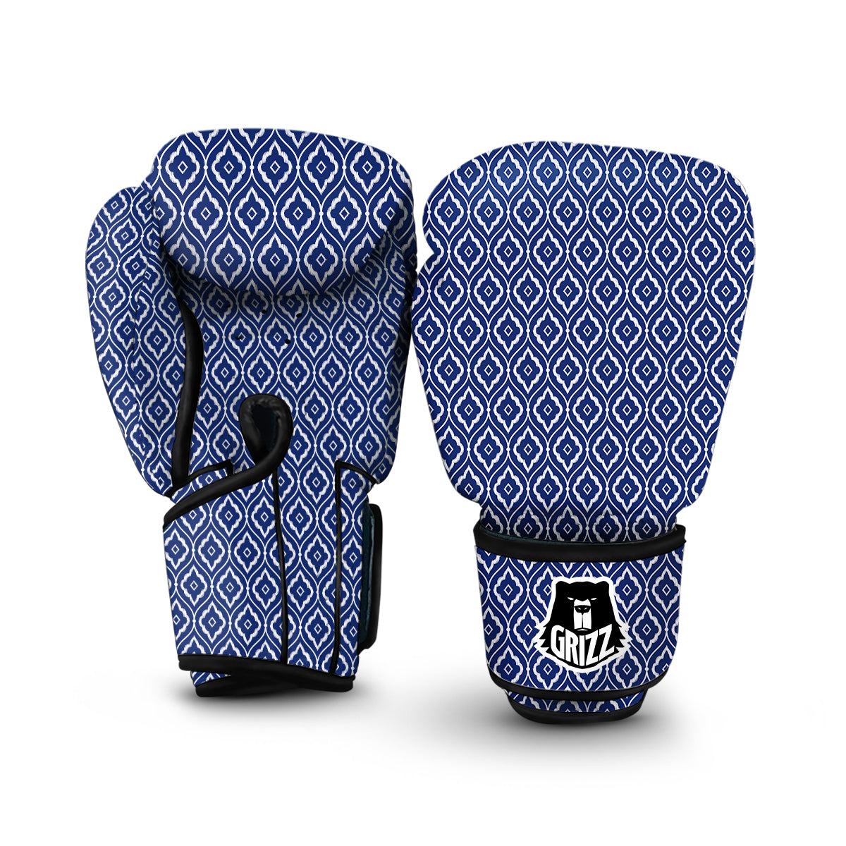 White Ikat And Blue Print Pattern Boxing Gloves-grizzshop