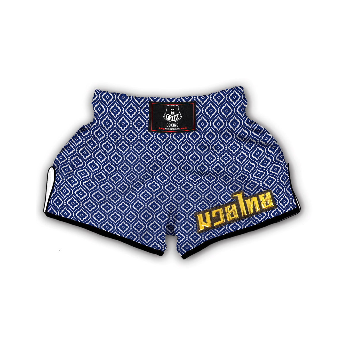 White Ikat And Blue Print Pattern Muay Thai Boxing Shorts-grizzshop