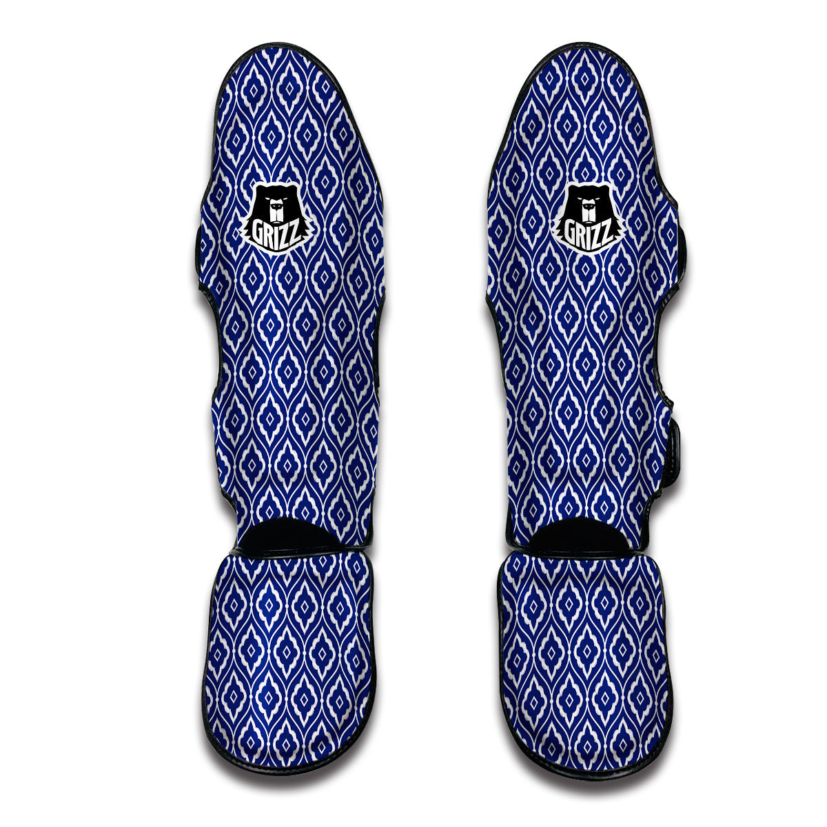 White Ikat And Blue Print Pattern Muay Thai Shin Guards-grizzshop