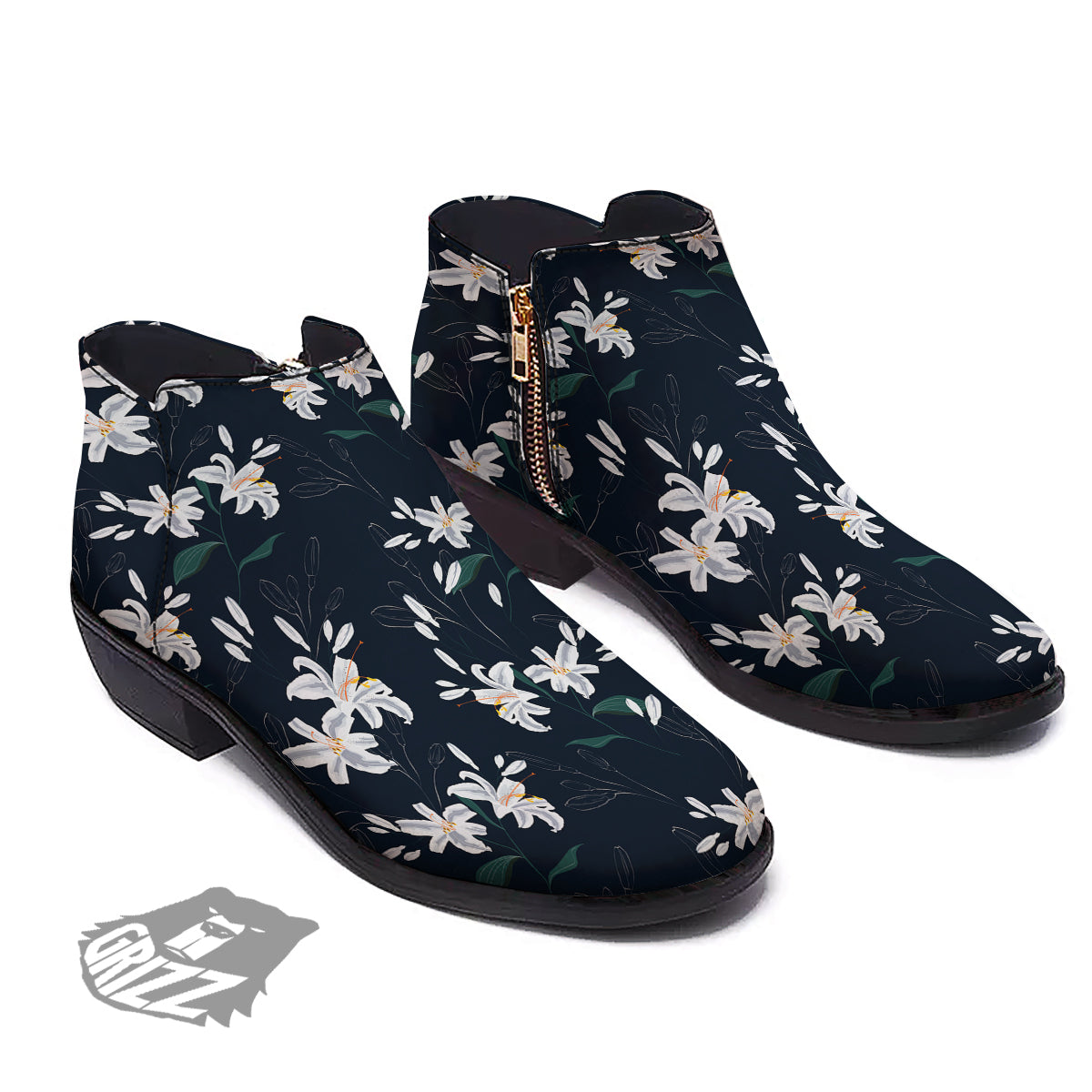 White Lily Black Print Pattern Ankle Boots-grizzshop