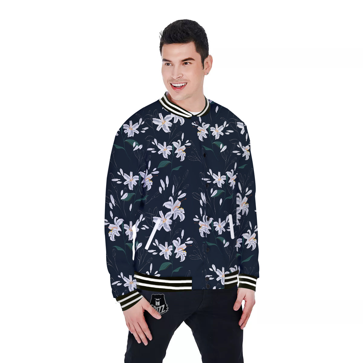 White Lily Black Print Pattern Baseball Jacket-grizzshop