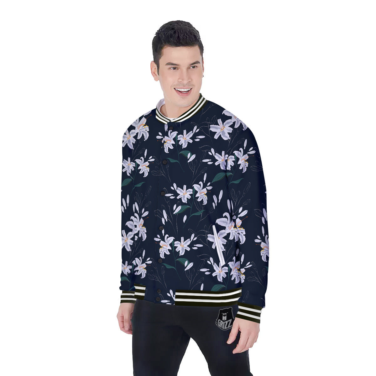 White Lily Black Print Pattern Baseball Jacket-grizzshop