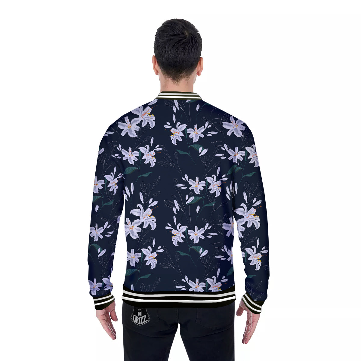 White Lily Black Print Pattern Baseball Jacket-grizzshop