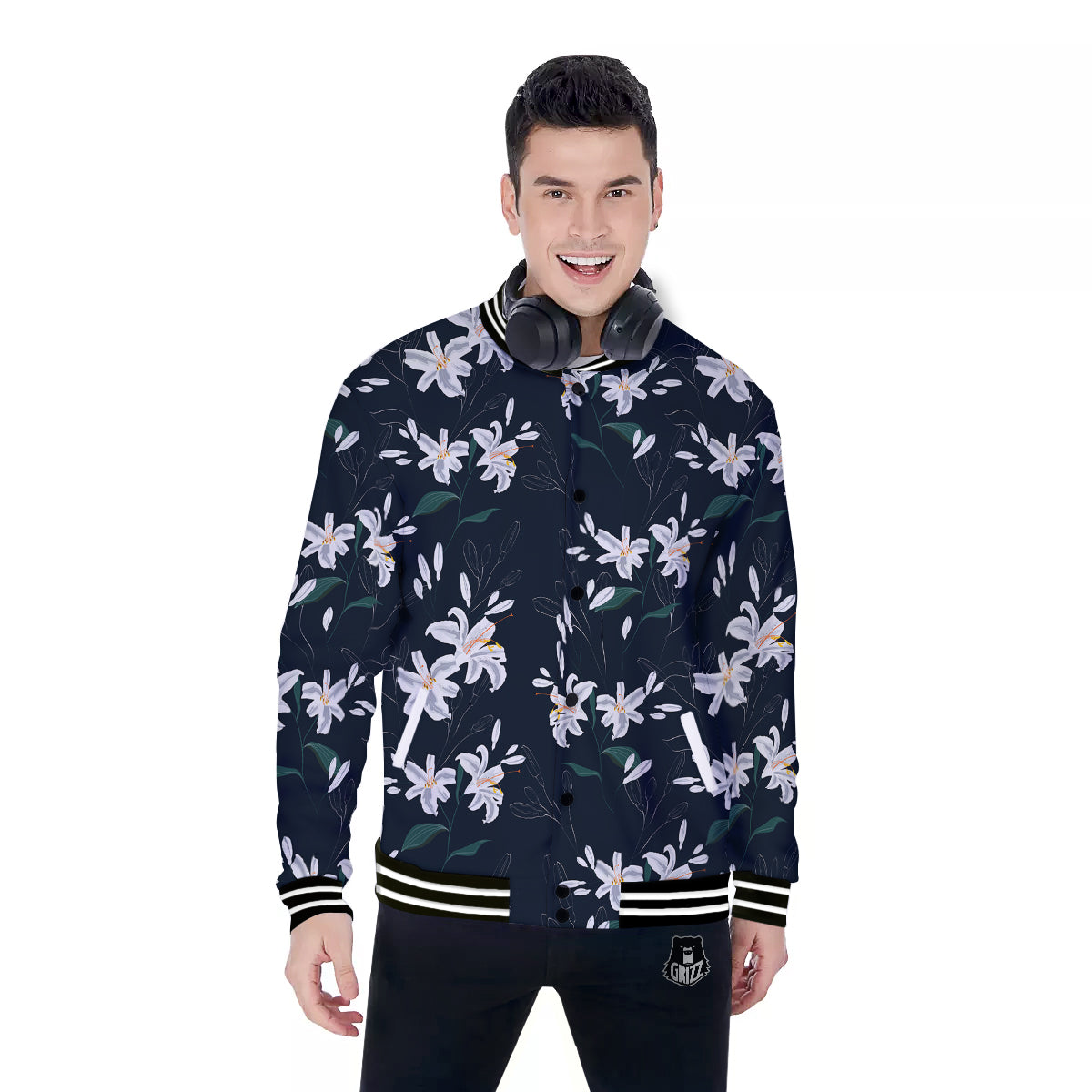 White Lily Black Print Pattern Baseball Jacket-grizzshop