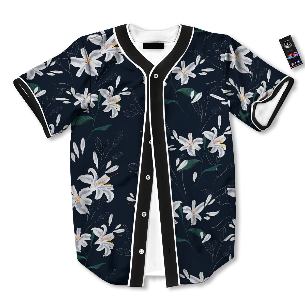 White Lily Black Print Pattern Baseball Jersey-grizzshop