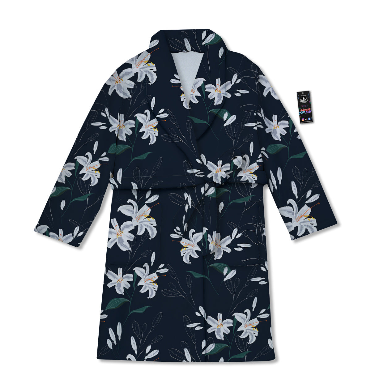 White Lily Black Print Pattern Bathrobe-grizzshop