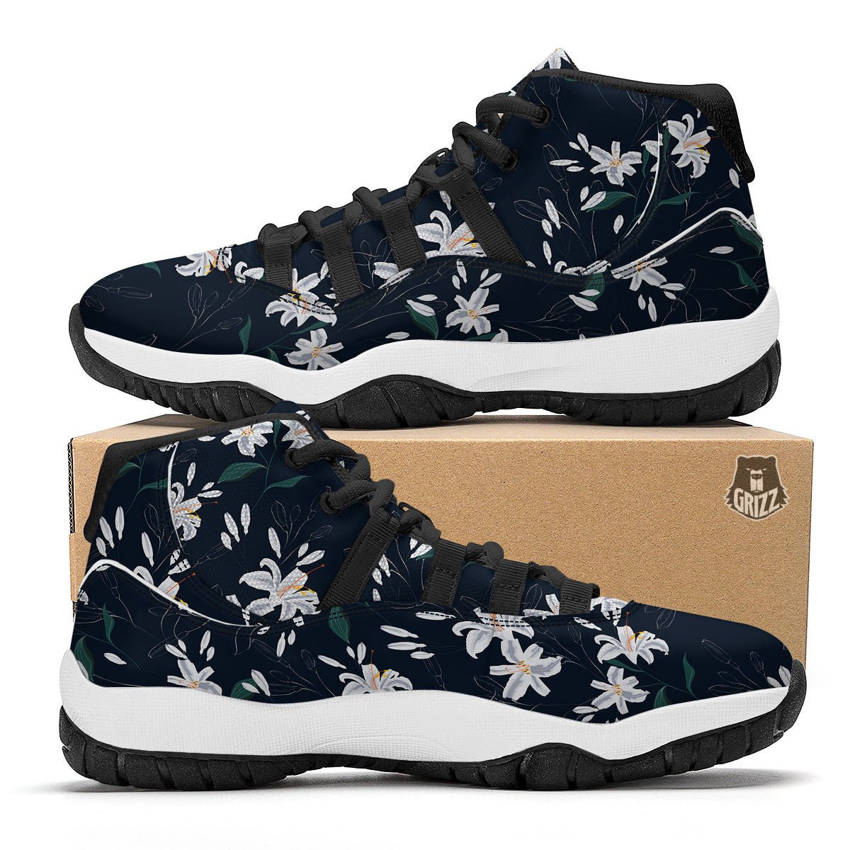 White Lily Black Print Pattern Black Bball Shoes-grizzshop
