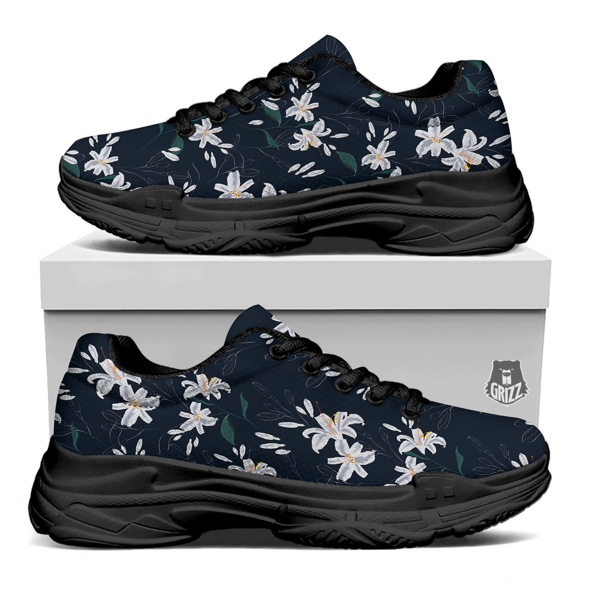 White Lily Black Print Pattern Black Chunky Shoes-grizzshop