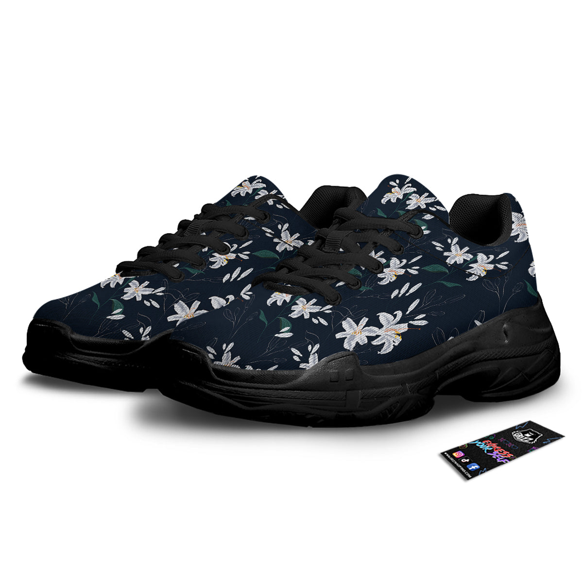 White Lily Black Print Pattern Black Chunky Shoes-grizzshop
