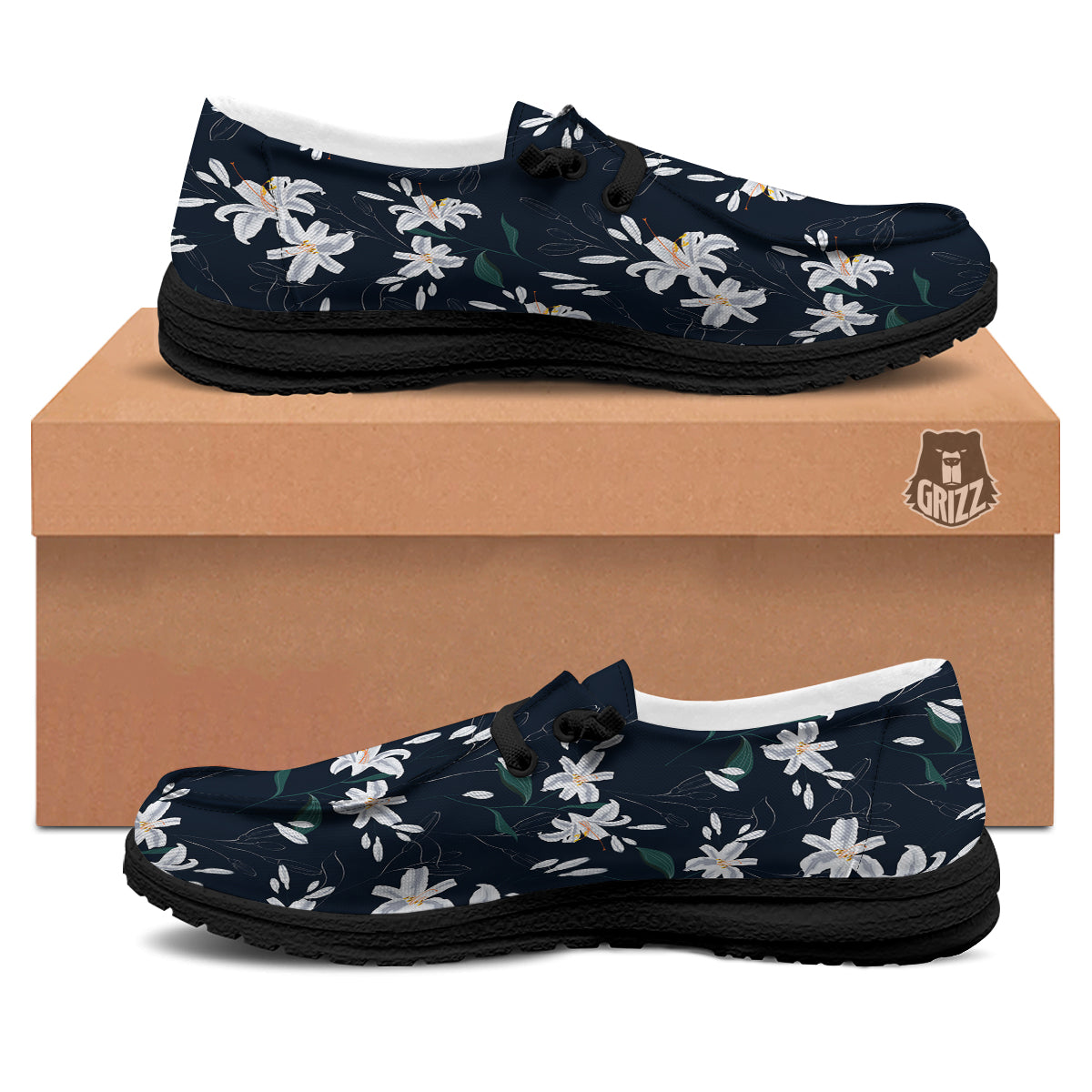 White Lily Black Print Pattern Black Loafers-grizzshop
