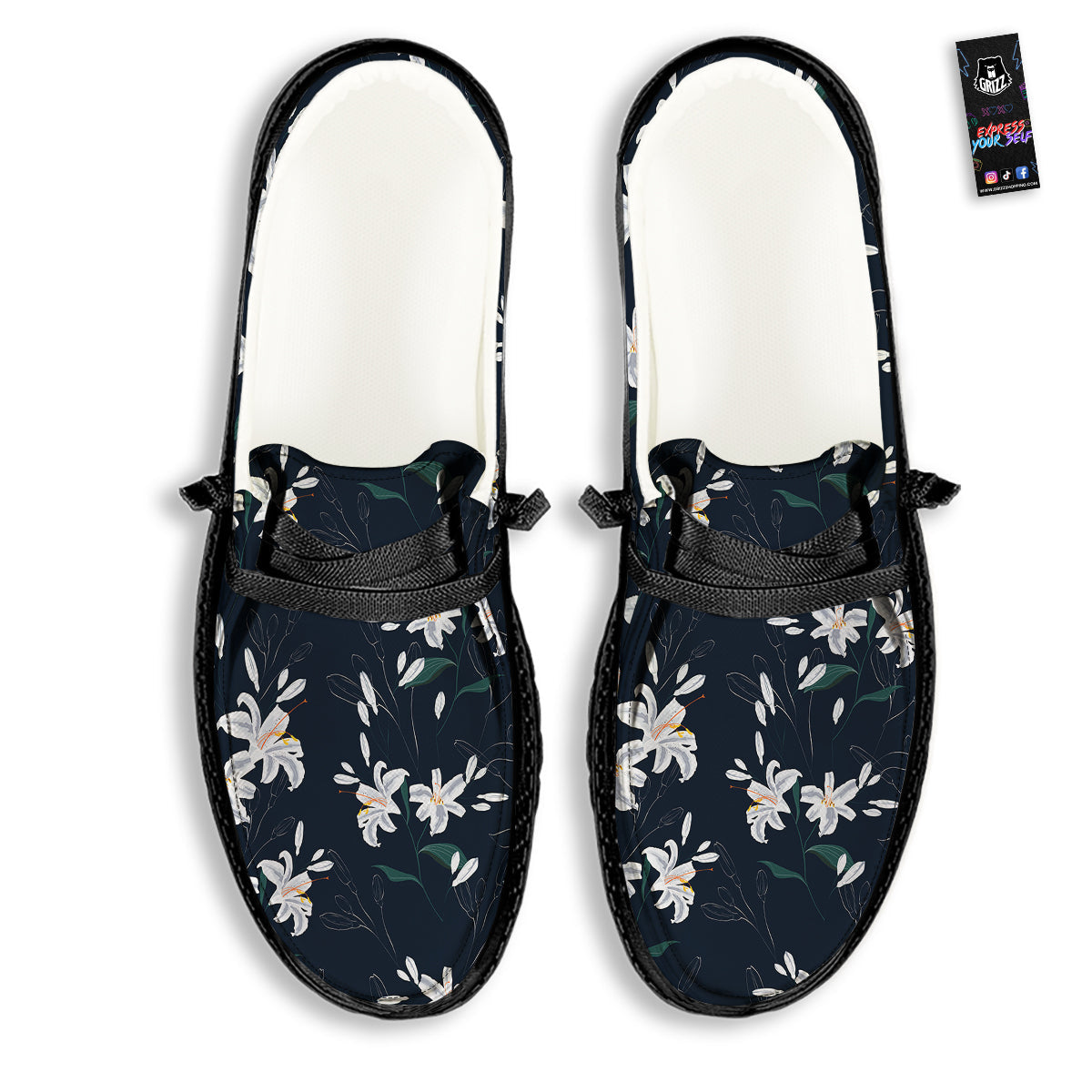 White Lily Black Print Pattern Black Loafers-grizzshop