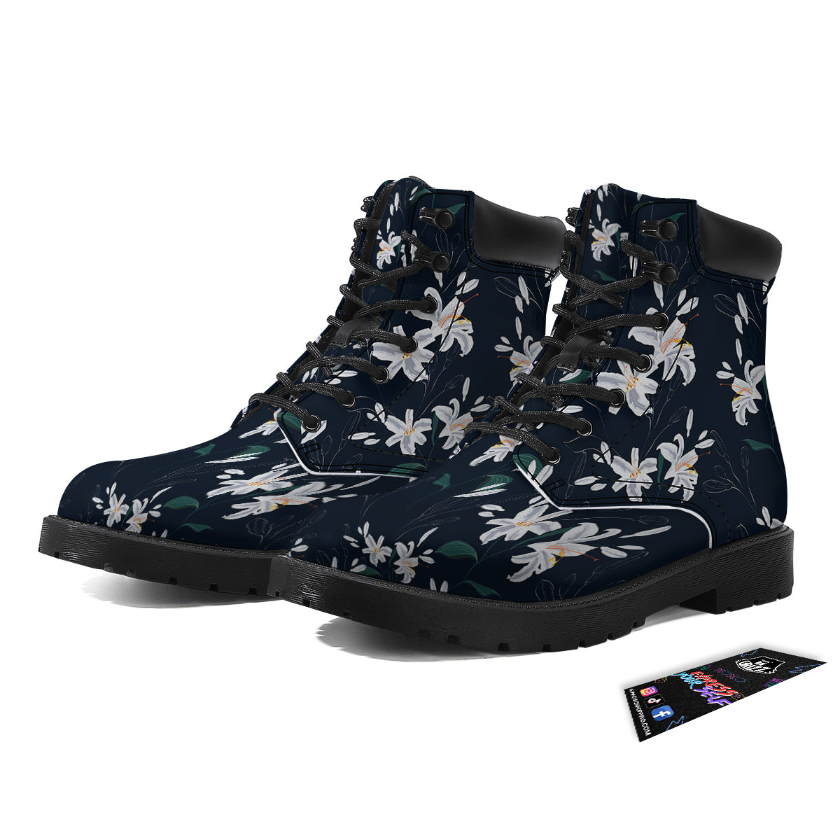 White Lily Black Print Pattern Boots-grizzshop