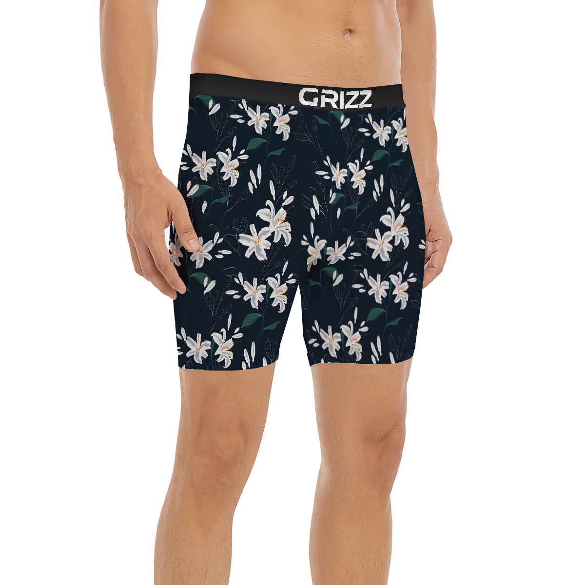 White Lily Black Print Pattern Boxer Briefs-grizzshop