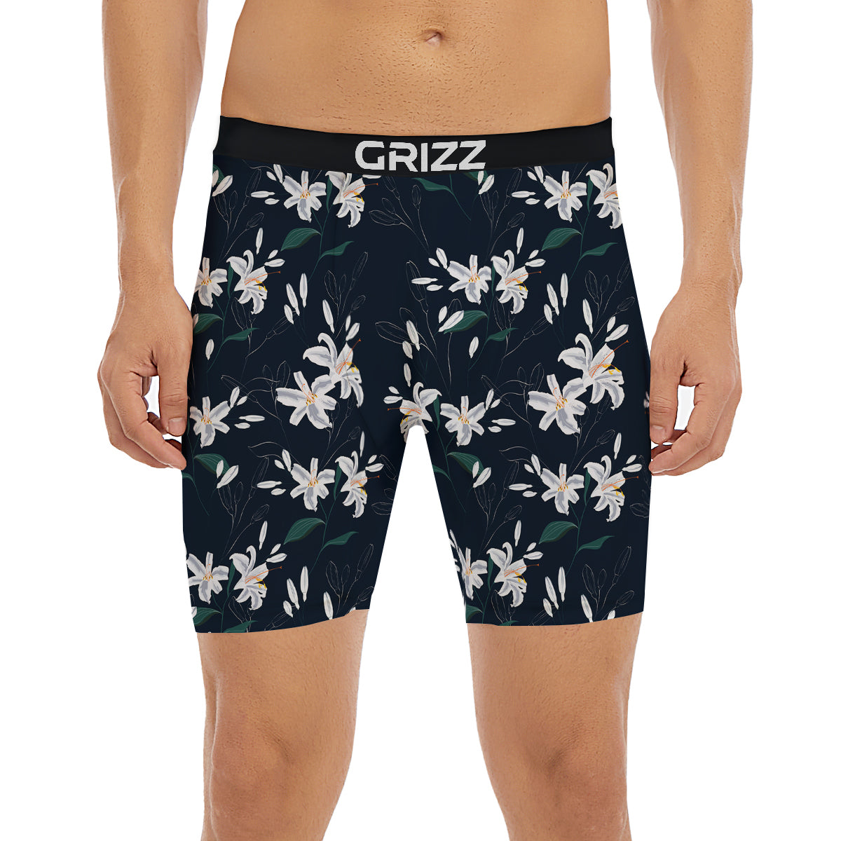 White Lily Black Print Pattern Boxer Briefs-grizzshop
