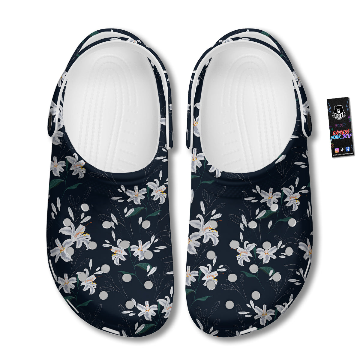 White Lily Black Print Pattern Clog-grizzshop