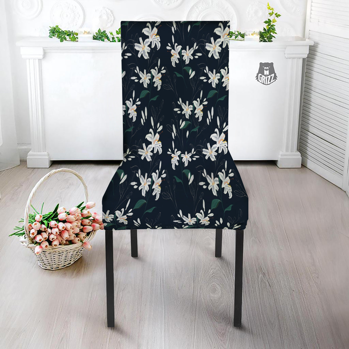 White Lily Black Print Pattern Dining Chair Slipcover-grizzshop