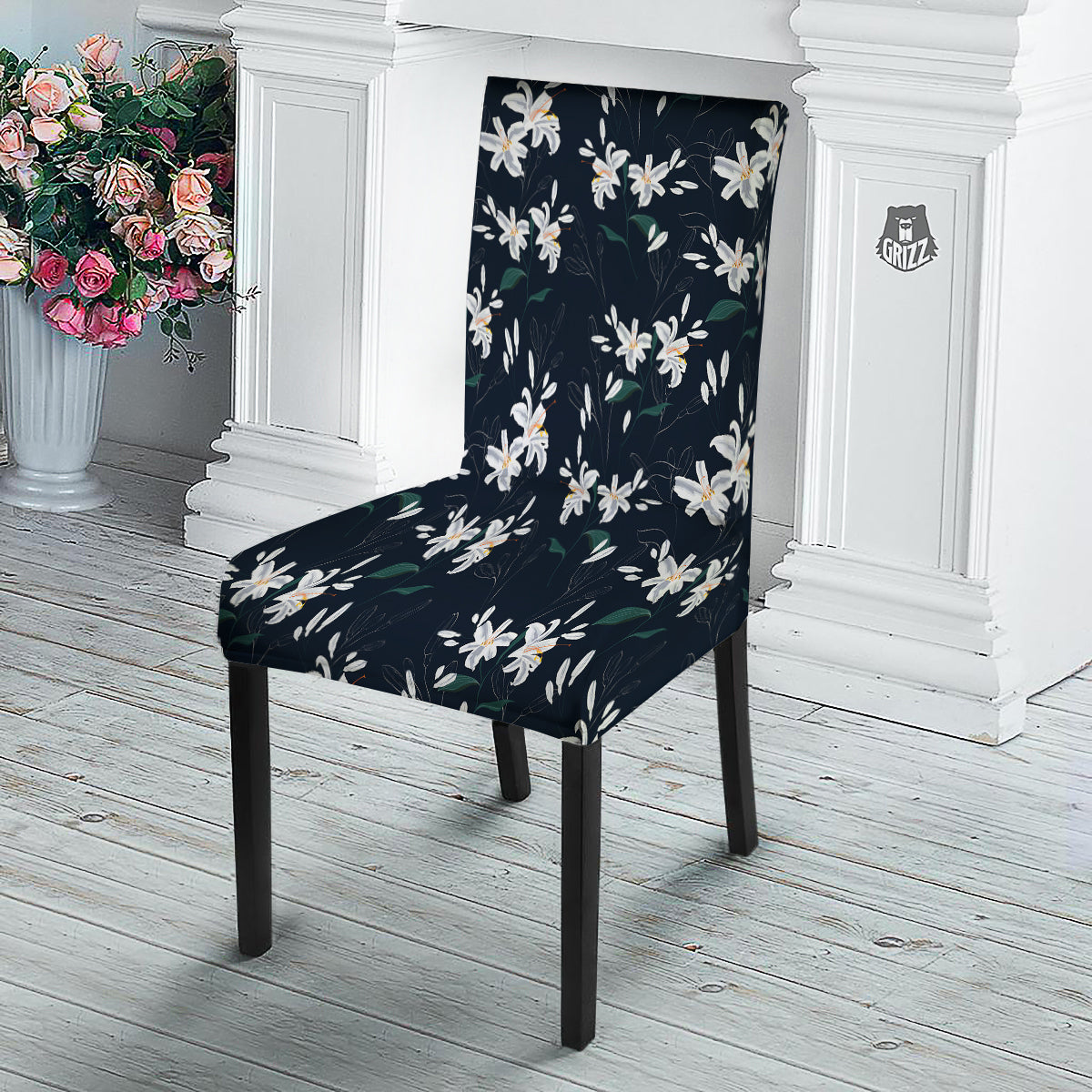 White Lily Black Print Pattern Dining Chair Slipcover-grizzshop