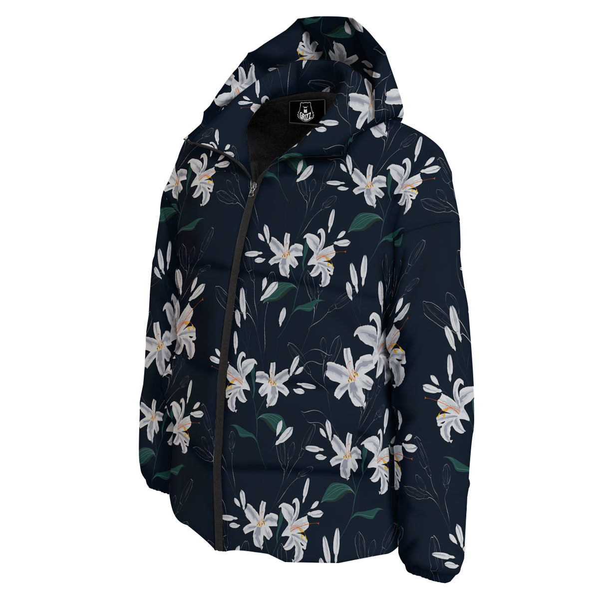 White Lily Black Print Pattern Down Jacket-grizzshop