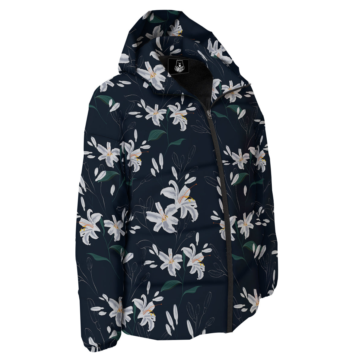 White Lily Black Print Pattern Down Jacket-grizzshop