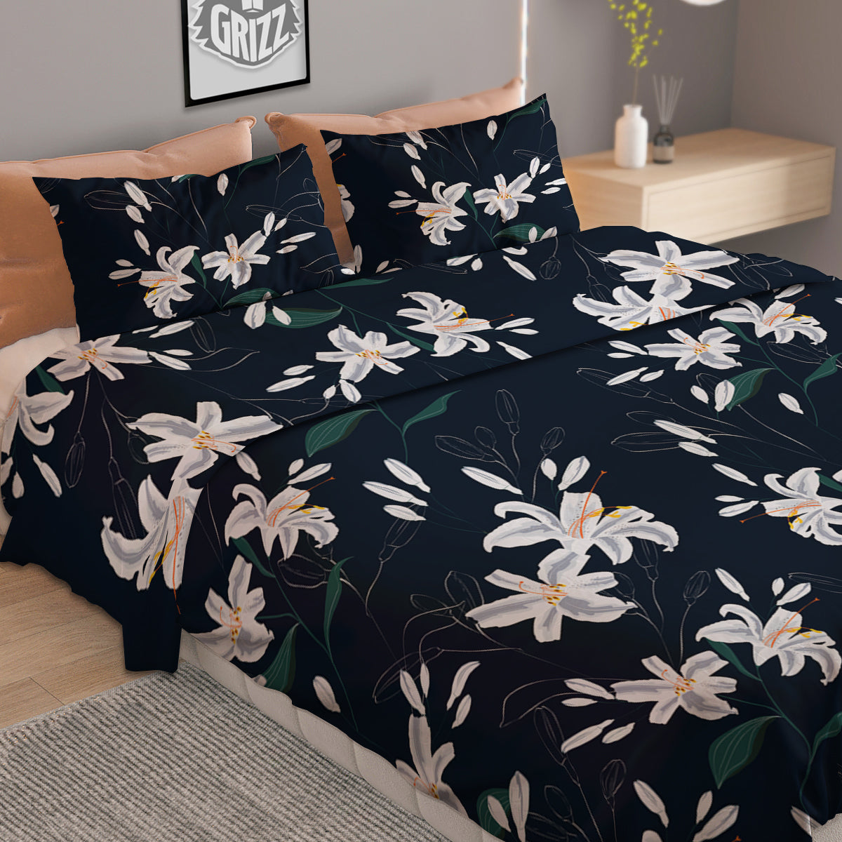White Lily Black Print Pattern Duvet Cover Bedding Set