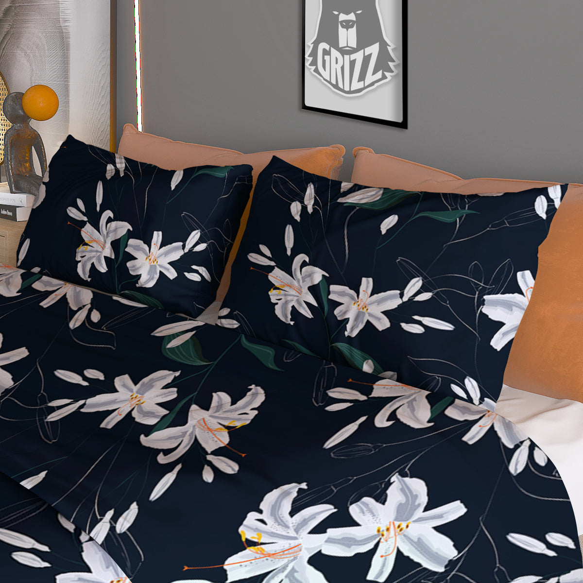White Lily Black Print Pattern Duvet Cover Bedding Set