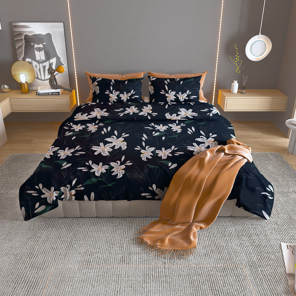 White Lily Black Print Pattern Duvet Cover Bedding Set