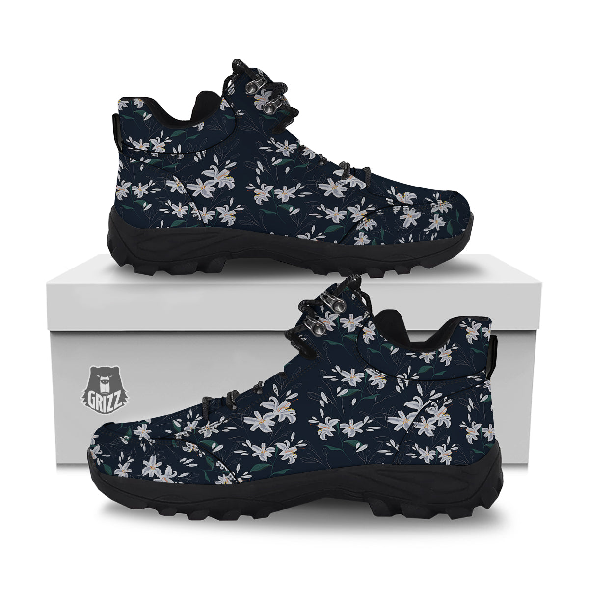 White Lily Black Print Pattern Hiking Shoes-grizzshop