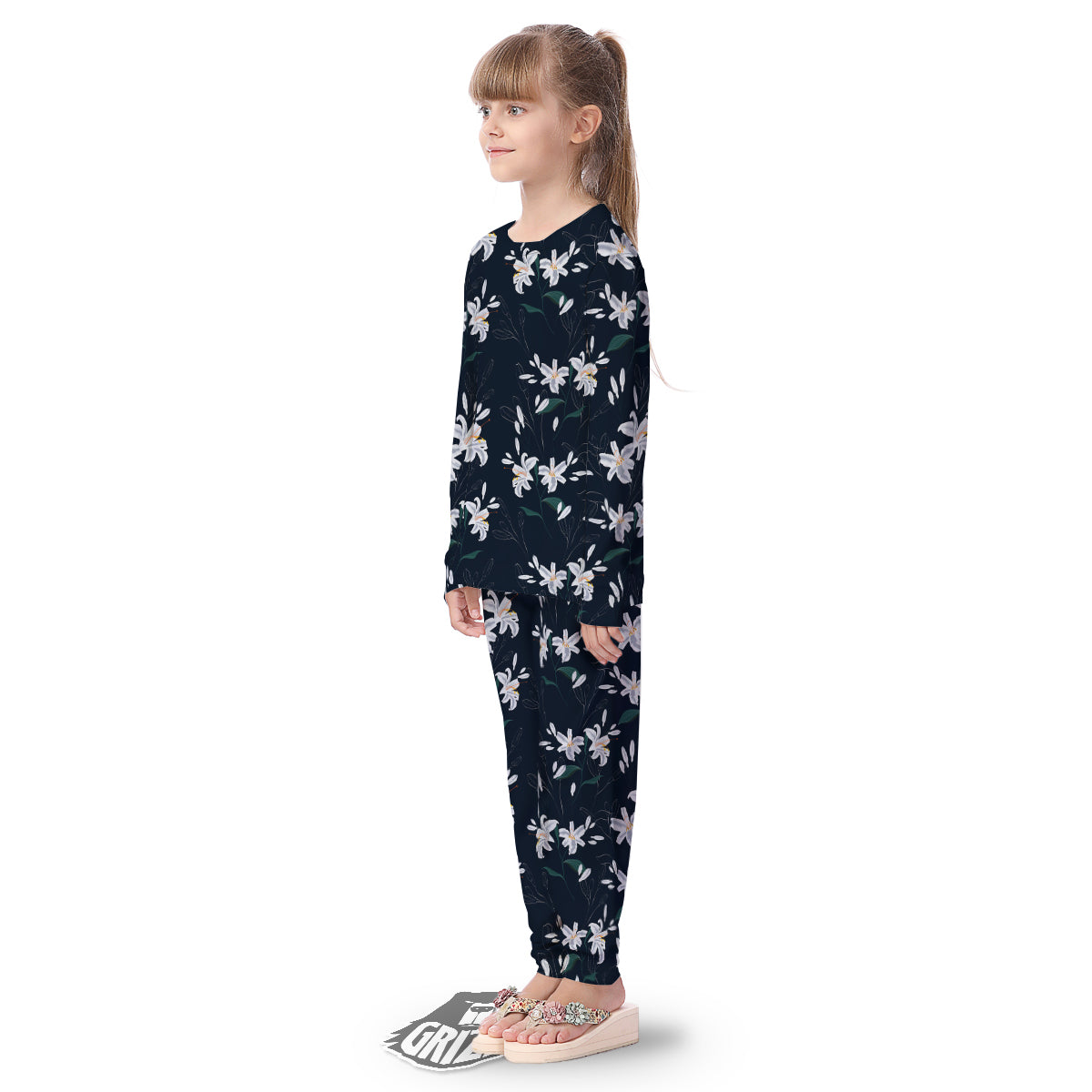 White Lily Black Print Pattern Kid's Pajamas-grizzshop