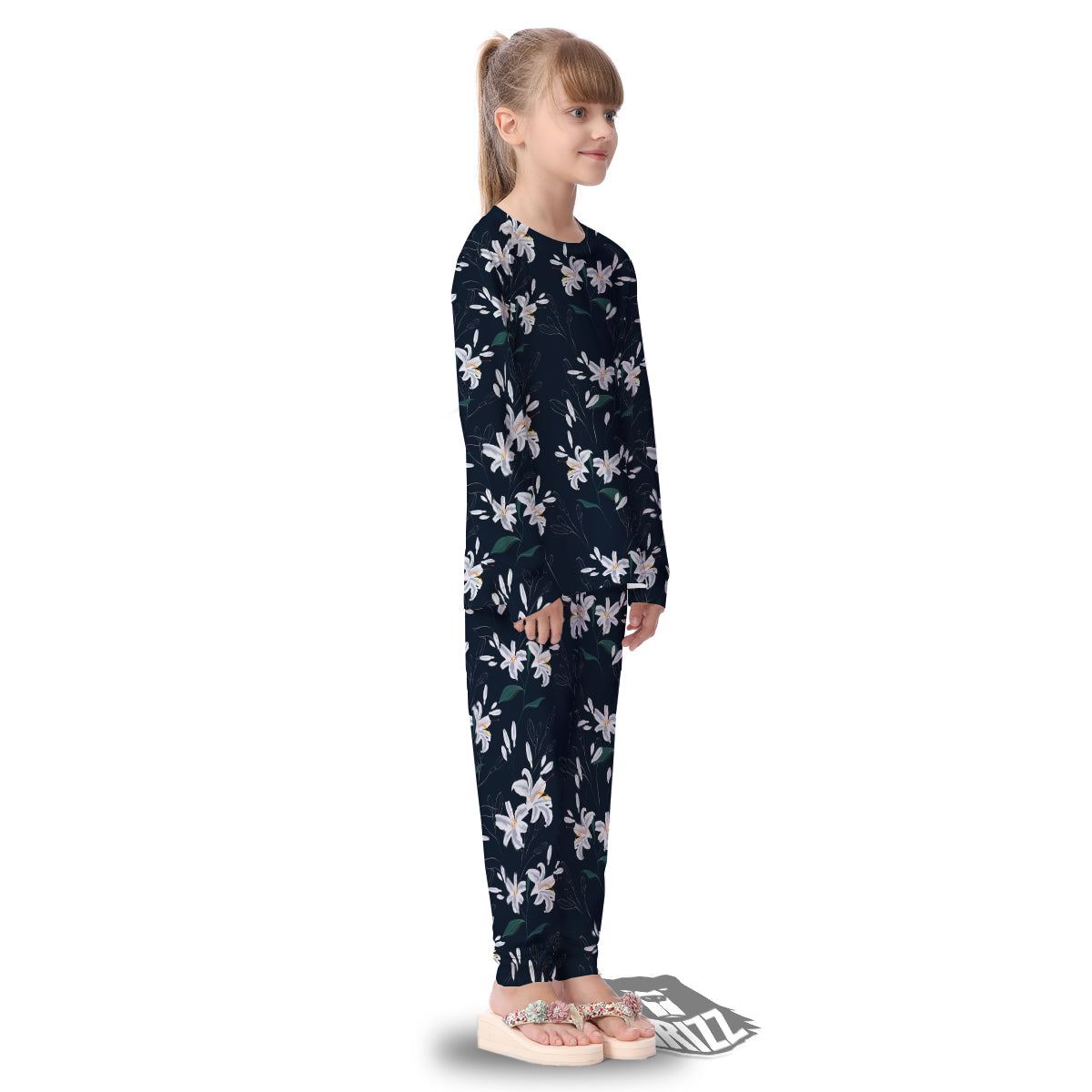White Lily Black Print Pattern Kid's Pajamas-grizzshop