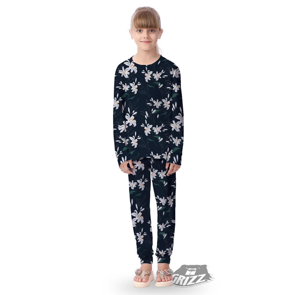 White Lily Black Print Pattern Kid's Pajamas-grizzshop