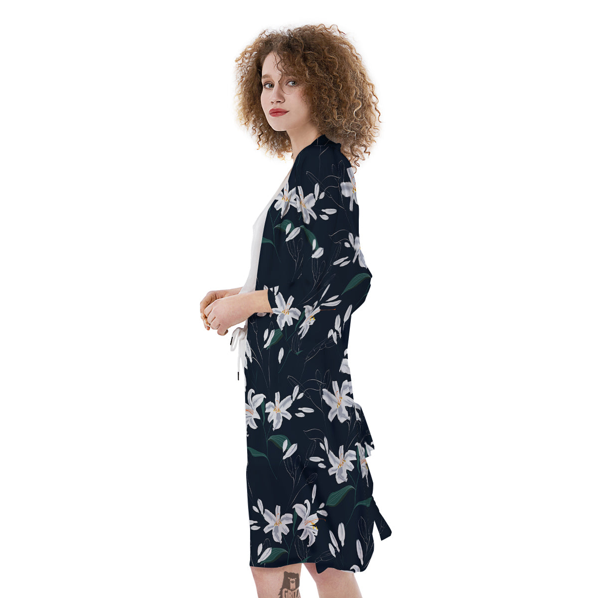 White Lily Black Print Pattern Kimono-grizzshop