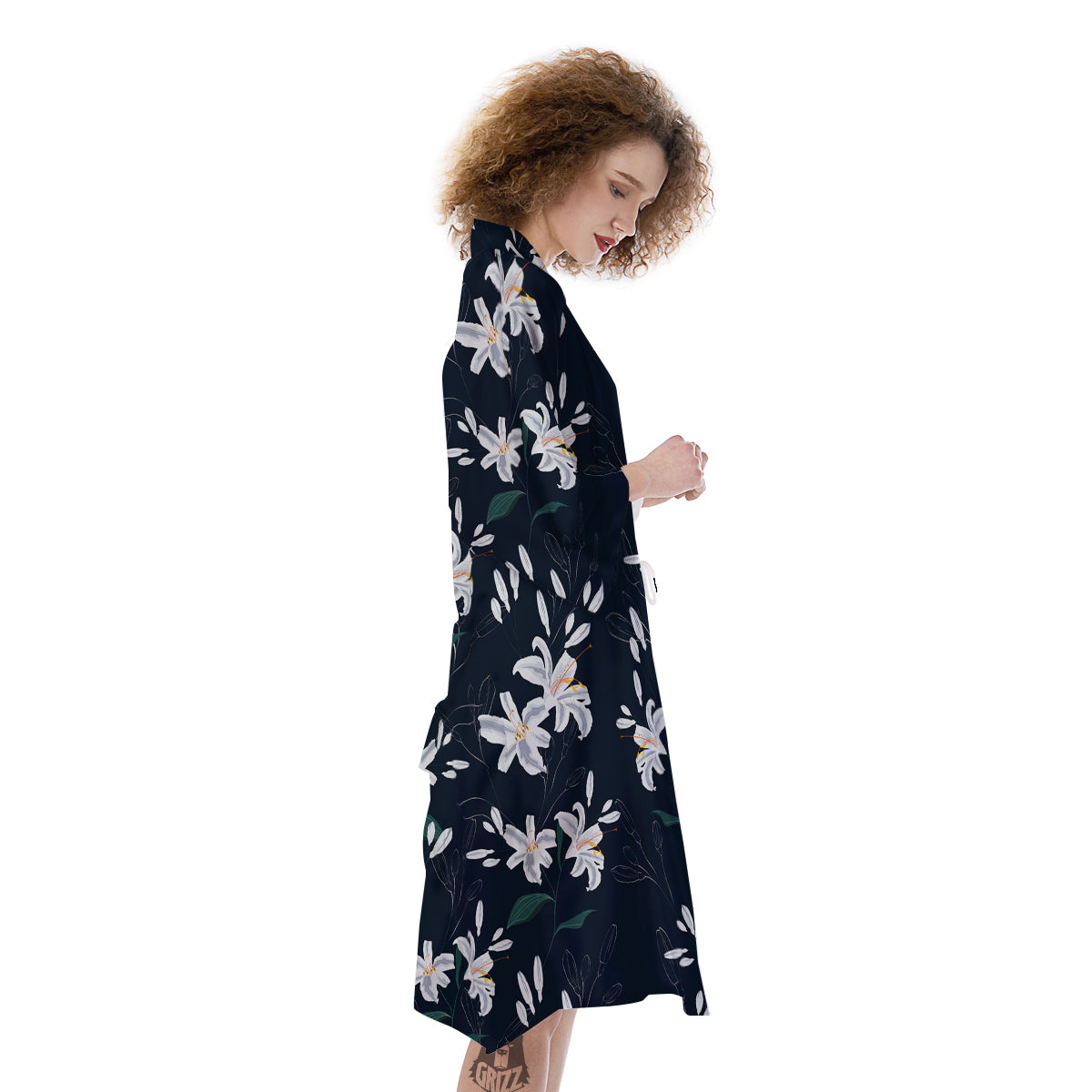 White Lily Black Print Pattern Kimono-grizzshop