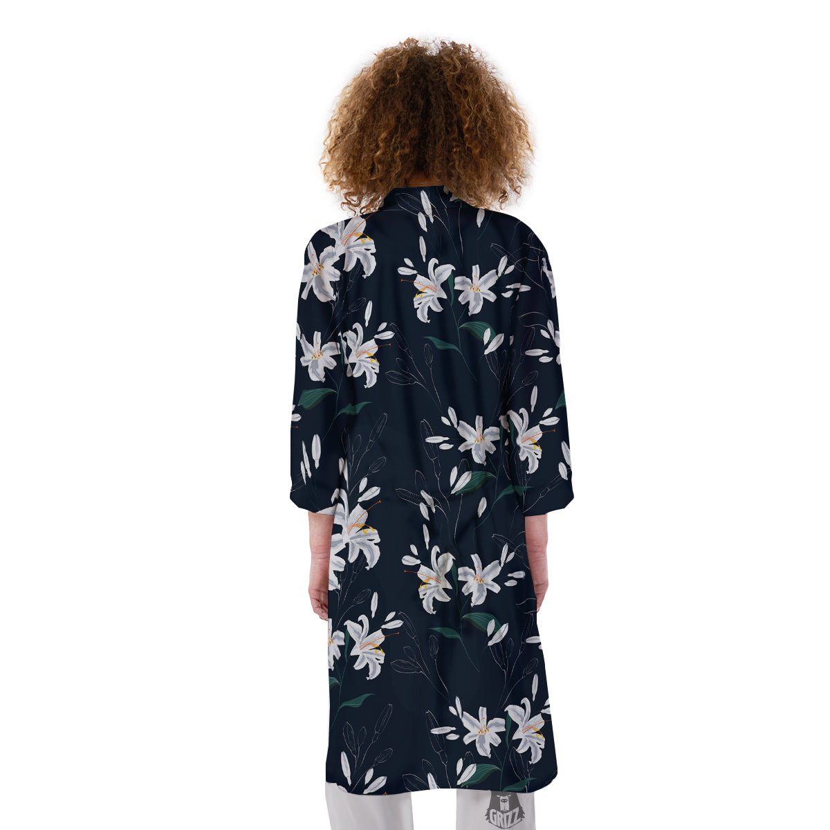 White Lily Black Print Pattern Kimono-grizzshop