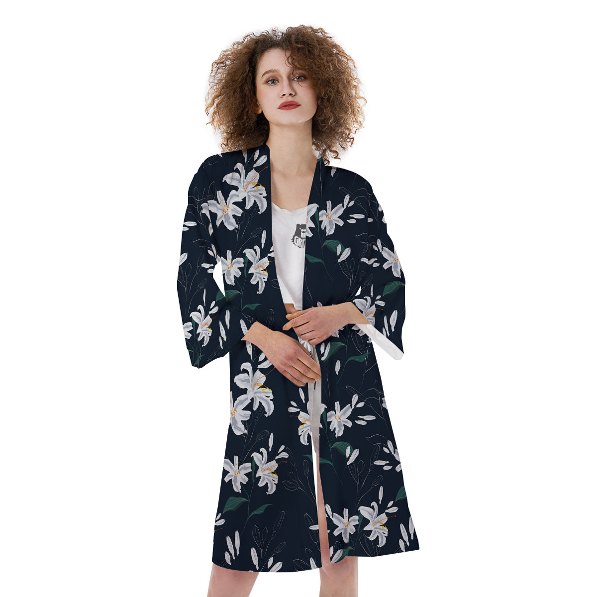 White Lily Black Print Pattern Kimono-grizzshop
