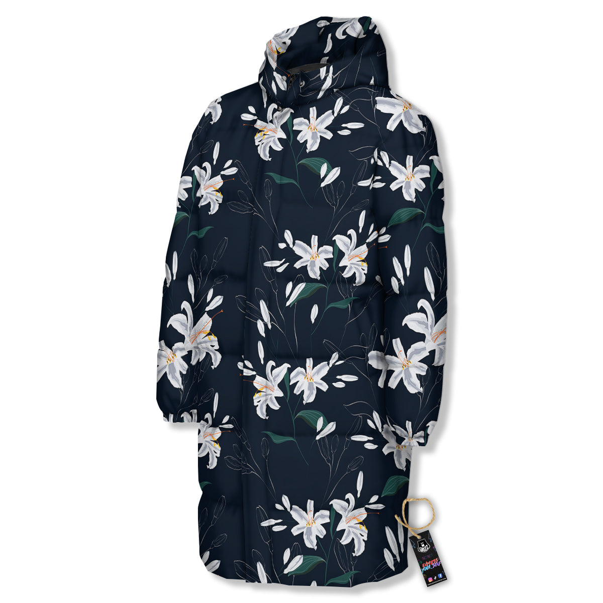 White Lily Black Print Pattern Long Down Jacket-grizzshop