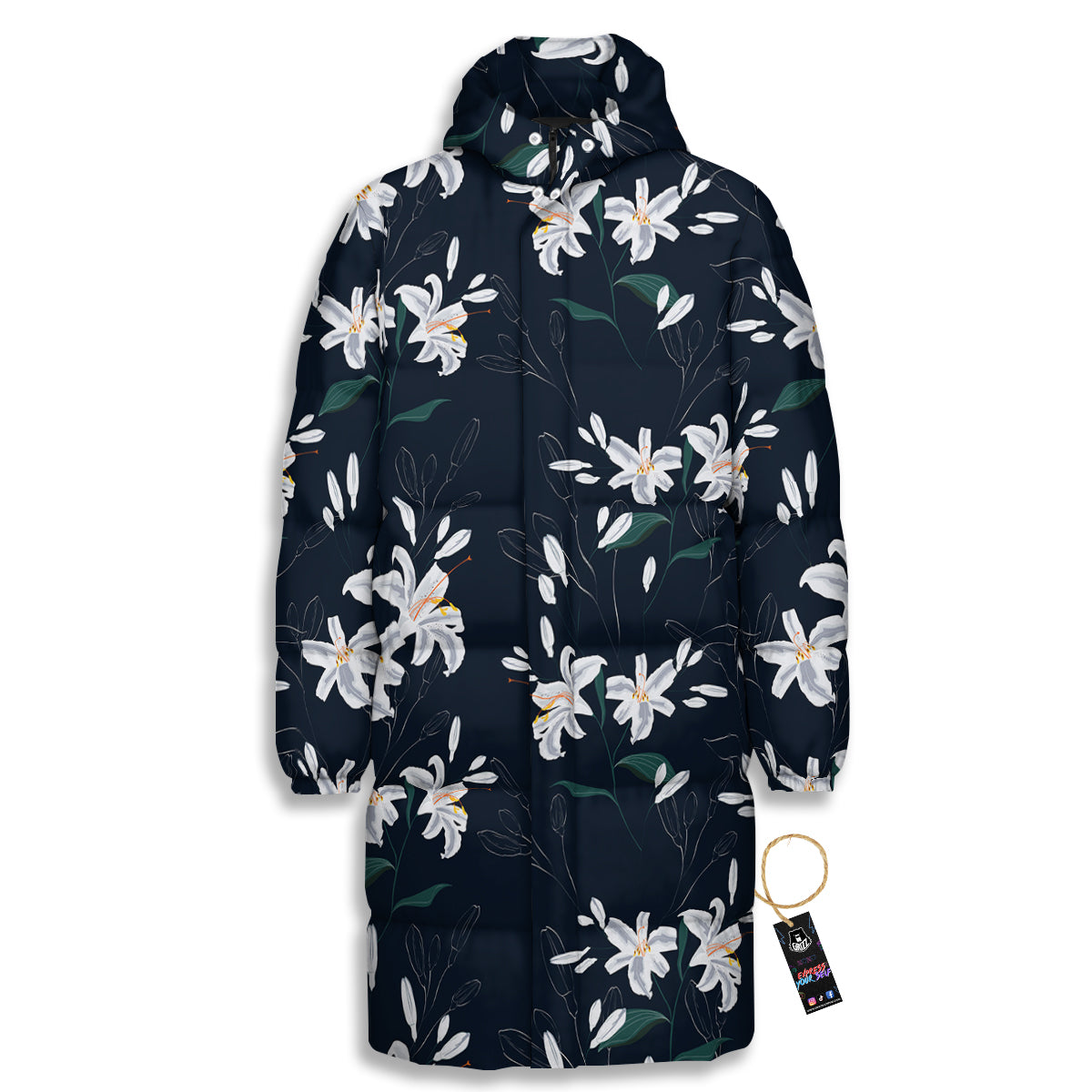 White Lily Black Print Pattern Long Down Jacket-grizzshop