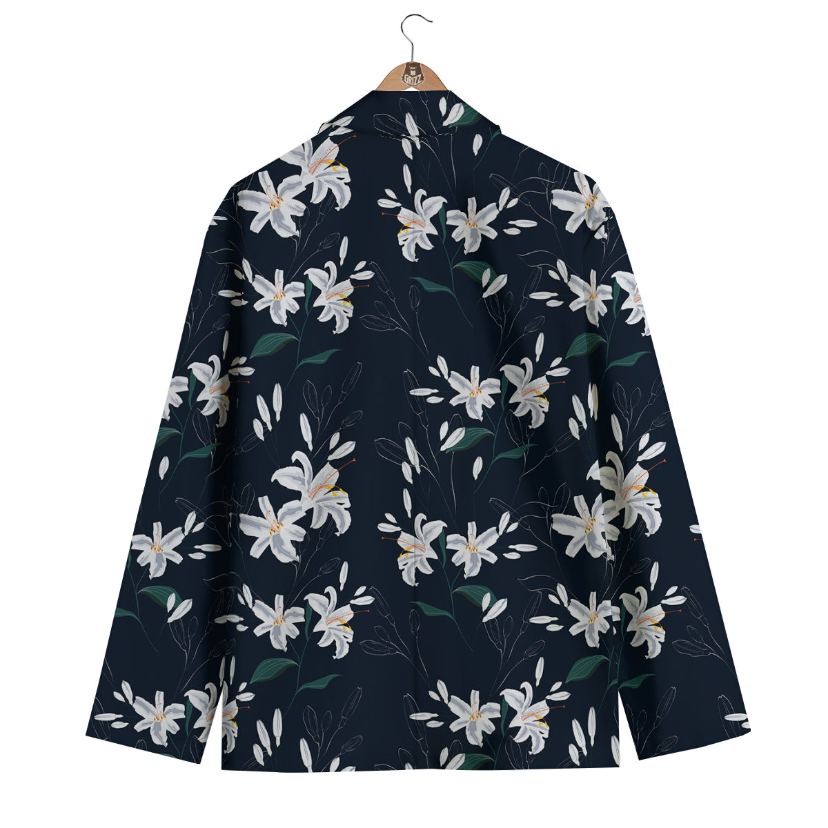White Lily Black Print Pattern Men's Blazer-grizzshop