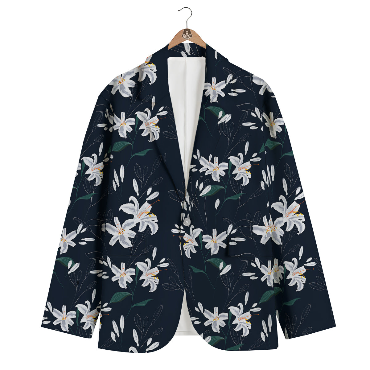 White Lily Black Print Pattern Men's Blazer-grizzshop