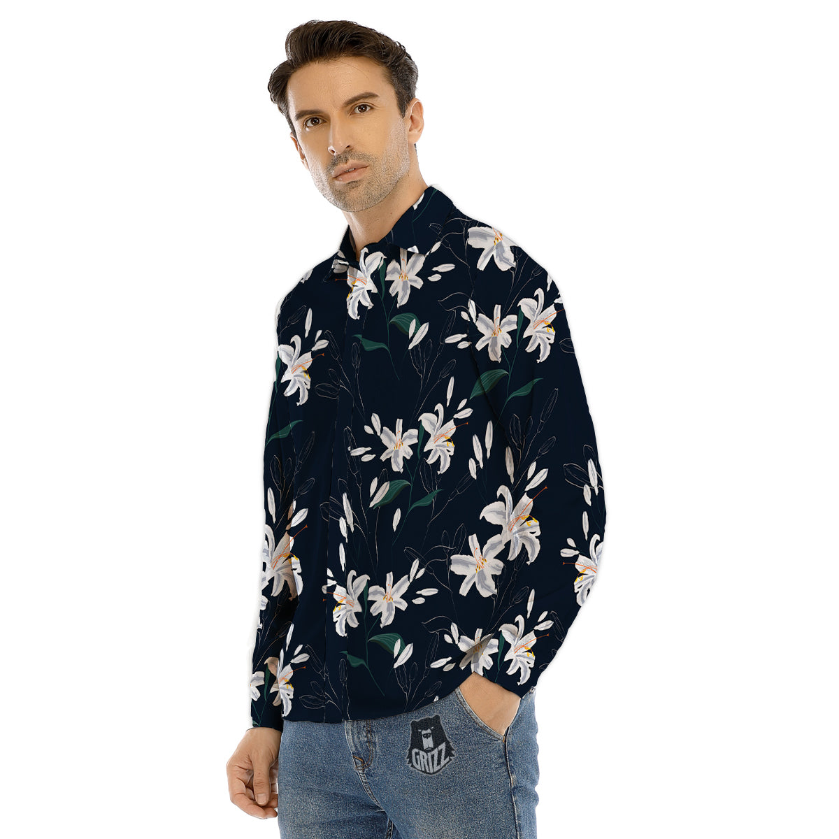 White Lily Black Print Pattern Men's Dress Shirts-grizzshop